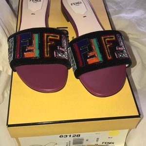 Fendi multi colored velvet mules